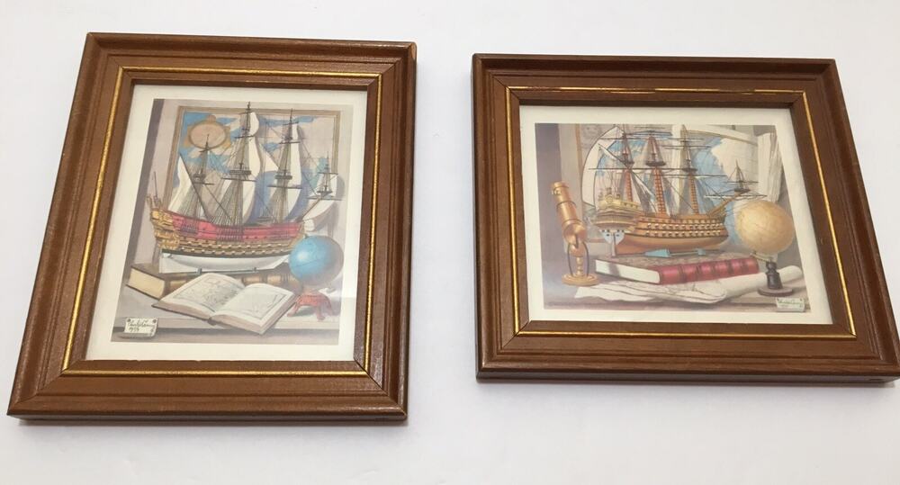 Pair Of Nautical Prints Mounted Signed Charles Cerny 1959 Boats Globe Ocean Rare